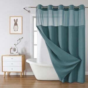 Eachope SeawedGreen Extra Long No Hook Waffle Weave Shower Curtain Snap in Liner